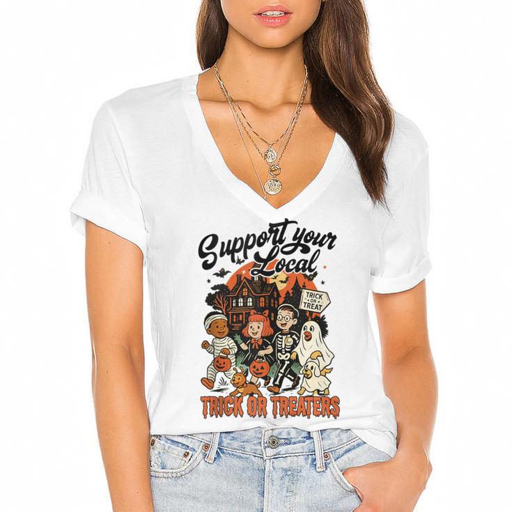Support Your Local Trick Or Treaters Retro Spooky Nostalgia Women's Jersey Short Sleeve Deep V-Neck Tshirt