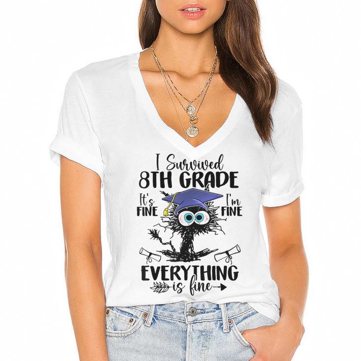 I Survived 8th Grade Graduated  Cat Graduation Women's Jersey Short Sleeve Deep V-Neck Tshirt				
