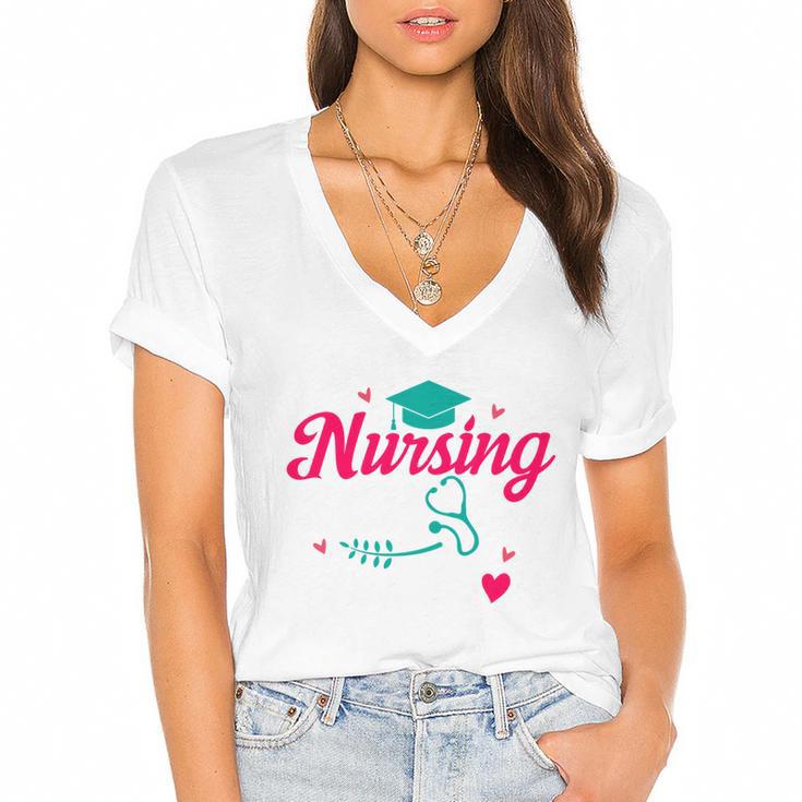 I Survived Nursing School Class Of 2026 Nurse Graduation Women's Jersey Short Sleeve Deep V-Neck Tshirt				