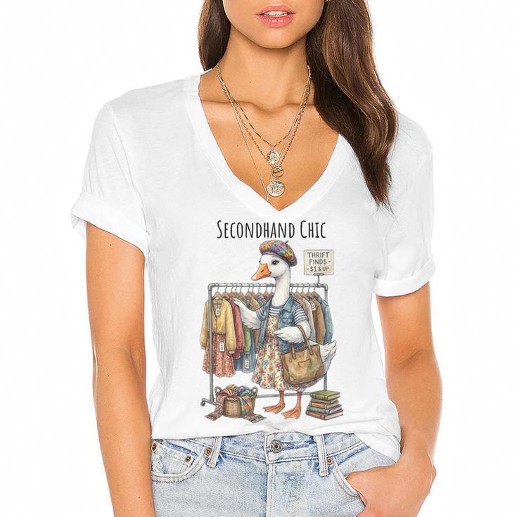 Thrifting Goose Vintage Fashion Book Lover Women's Jersey Short Sleeve Deep V-Neck Tshirt