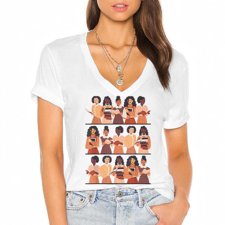 History Month Educated Black Women Girls Reading Books Women's Jersey Short Sleeve Deep V-Neck Tshirt				