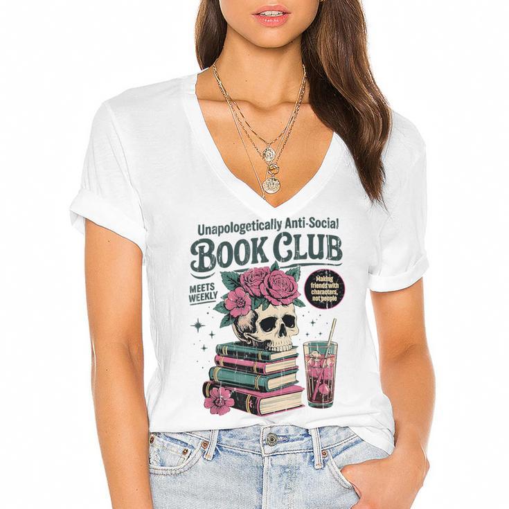Unapologetically Anti Social Book Club Women's Jersey Short Sleeve Deep V-Neck Tshirt				