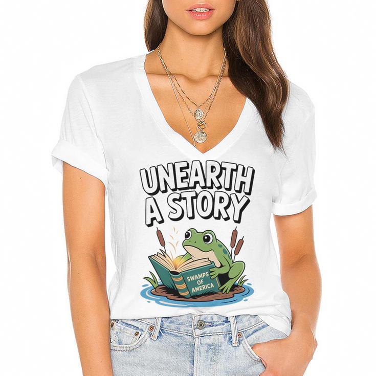 Unearth a Story Frog Reading a Book Summer 2026 Premium Tri-Blend Women's Jersey Short Sleeve Deep V-Neck Tshirt				