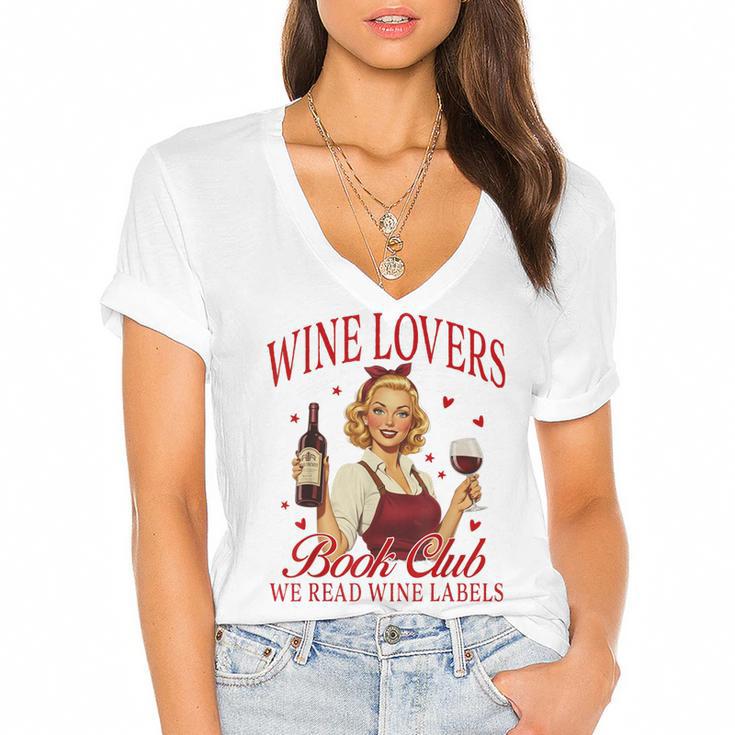 Valentine’s Day Wine Lovers Book Club We Read Wine Labels Women's Jersey Short Sleeve Deep V-Neck Tshirt				