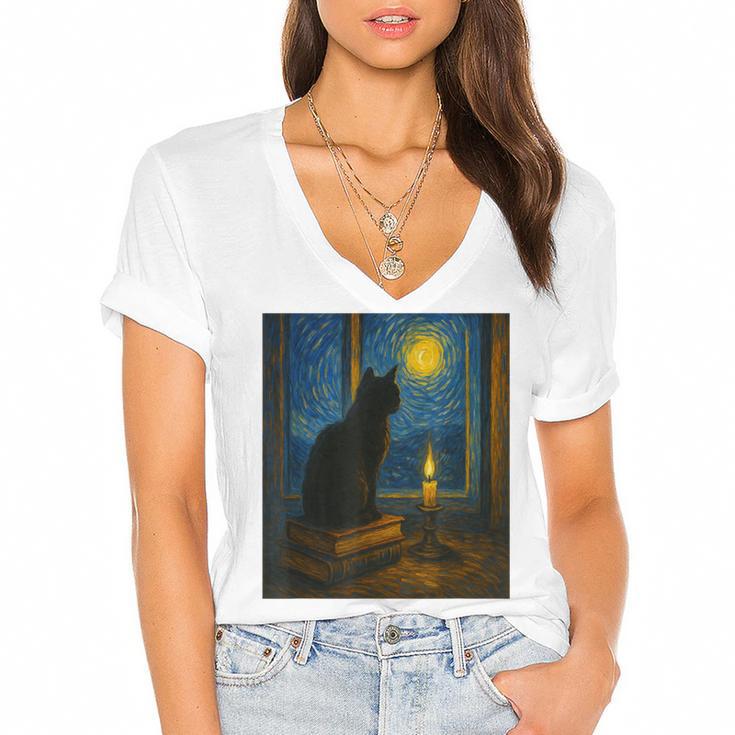 Van Gogh Starry Night Art Cat And Book Lovers Women's Jersey Short Sleeve Deep V-Neck Tshirt				
