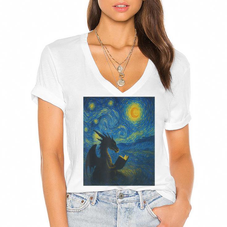 Van Gogh Starry Night Fantasy Reader Dragon Reading Book Women's Jersey Short Sleeve Deep V-Neck Tshirt				