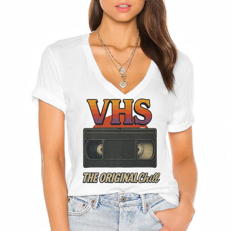 VHS Tape Nostalgia Old School Technology Humor Premium Women's Jersey Short Sleeve Deep V-Neck Tshirt				