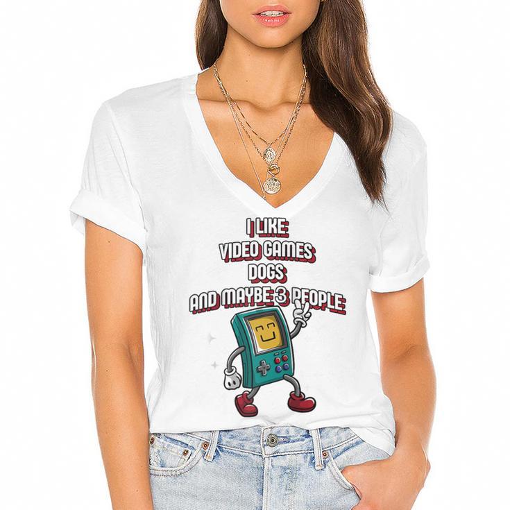 I Like Video Games Dogs And Maybe 3 People Gamer Introvert Raglan Baseball Tee Women's Jersey Short Sleeve Deep V-Neck Tshirt I Like Video Games Dogs And Maybe 3 People Gamer Introvert Raglan Baseball Tee Women's Jersey Short Sleeve Deep V-Neck Tshirt