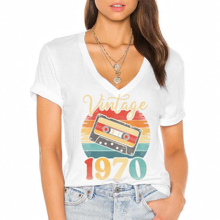 Vintage 1970 Retro Cassette Tape 70s Born Nostalgia Birthday Women's Jersey Short Sleeve Deep V-Neck Tshirt				