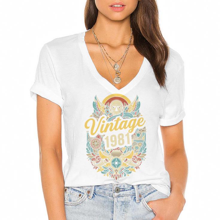 Vintage 1981 Retro Badge Nostalgia Eighties Compass Skull Premium Tri-Blend Women's Jersey Short Sleeve Deep V-Neck Tshirt				
