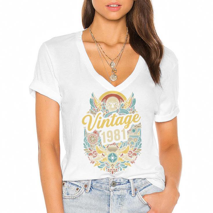 Vintage 1981 Retro Badge Nostalgia Eighties Compass Skull Women's Jersey Short Sleeve Deep V-Neck Tshirt