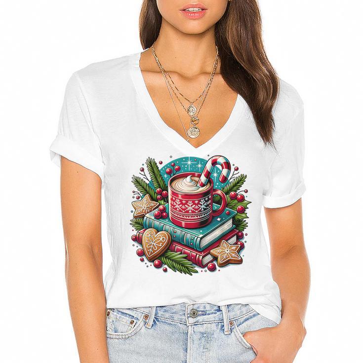 Vintage Cozy Winter Hot Cocoa Books Gingerbread Book Lovers Women's Jersey Short Sleeve Deep V-Neck Tshirt