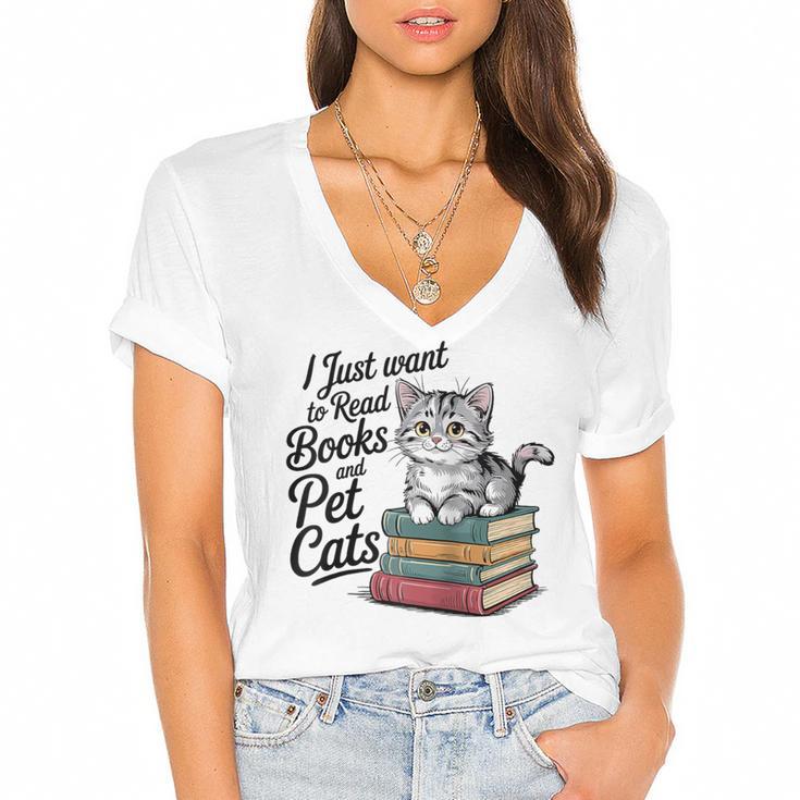 Vintage I Just Want To Read Books And Pet Cats Cat Raglan Baseball Tee Women's Jersey Short Sleeve Deep V-Neck Tshirt