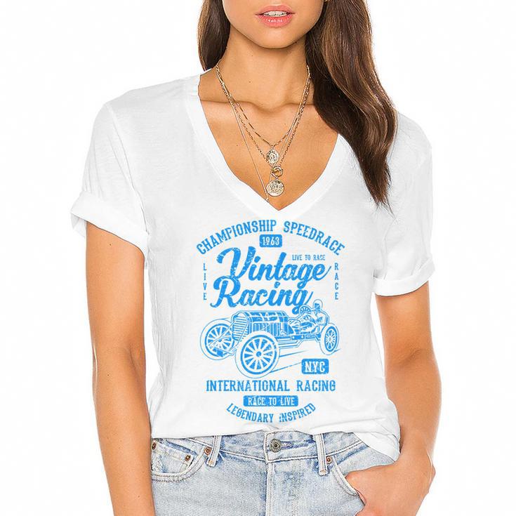Vintage Racing Automotive Nostalgia Distressed Car Women's Jersey Short Sleeve Deep V-Neck Tshirt