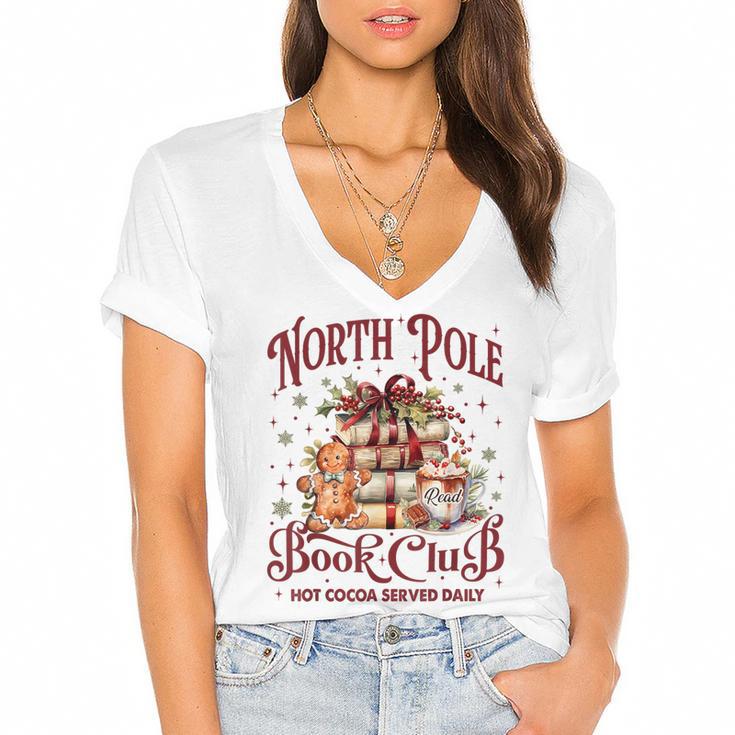 Vintage Retro North Pole Book Club Hot Cocoa Women's Jersey Short Sleeve Deep V-Neck Tshirt				