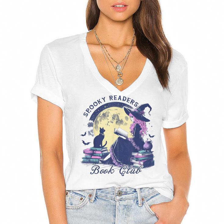 Vintage Sexy Witch Spooky Readers Book Lover Club Halloween Women's Jersey Short Sleeve Deep V-Neck Tshirt