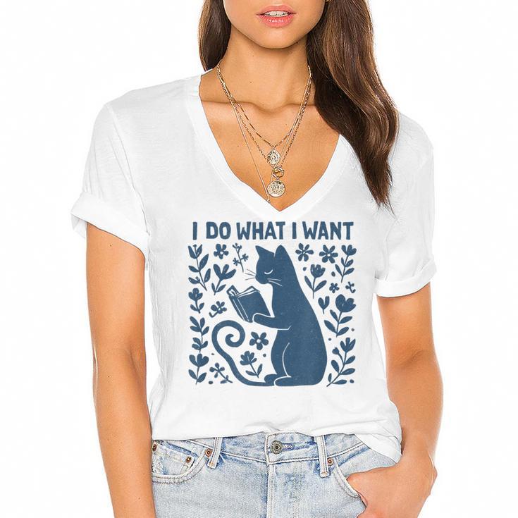 I Do What I Want Cat Reading Book Boho Flowers Vintage Women's Jersey Short Sleeve Deep V-Neck Tshirt				