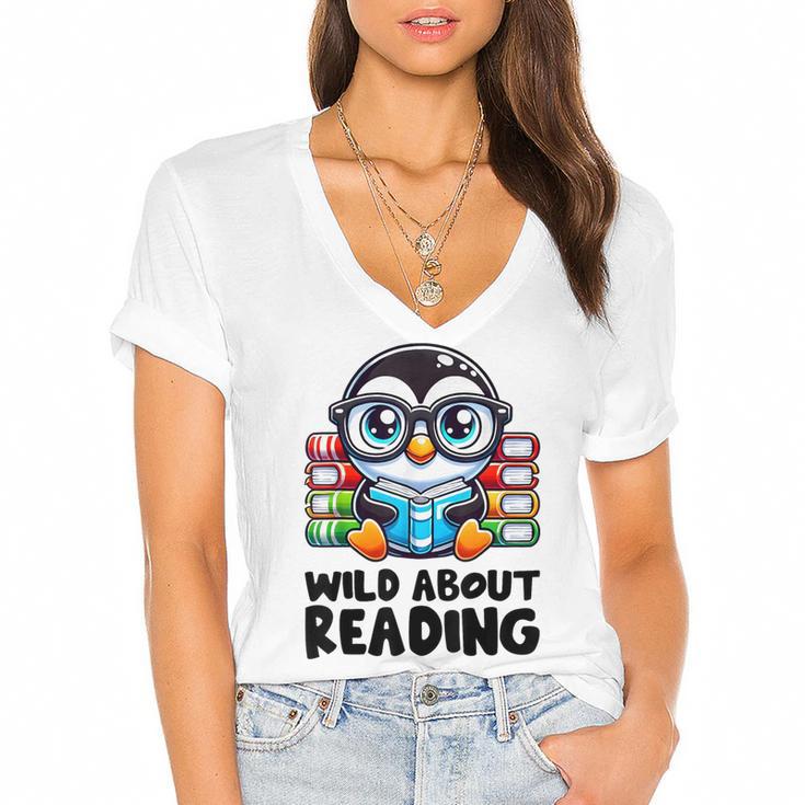 Wild About Reading Book Lover Penguin Women's Jersey Short Sleeve Deep V-Neck Tshirt				