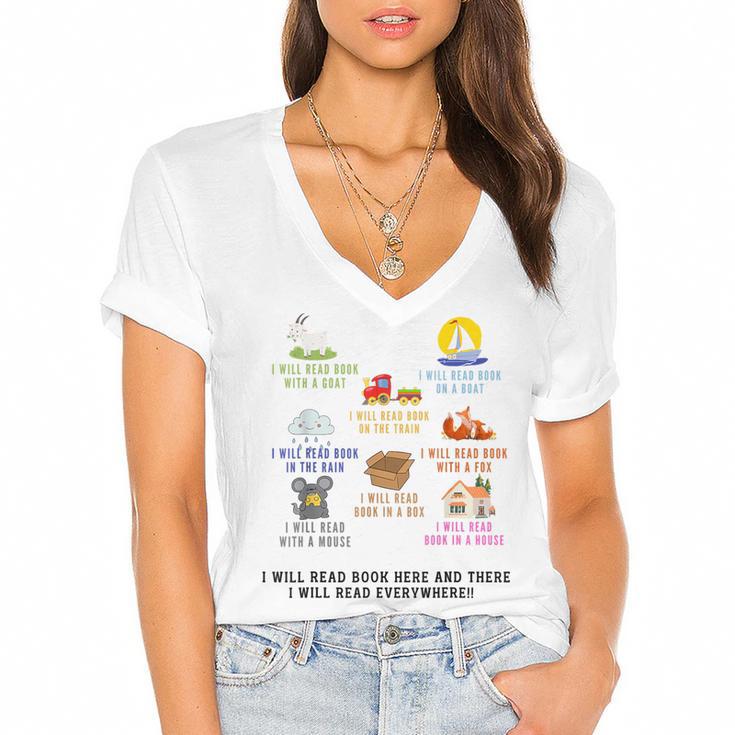 I Will Read Books On A Boat And Everywhere Reading Teachers Women's Jersey Short Sleeve Deep V-Neck Tshirt				