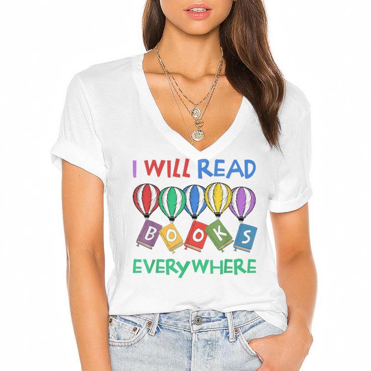 I Will Read Books Everywhere Across America Child Readers Women's Jersey Short Sleeve Deep V-Neck Tshirt