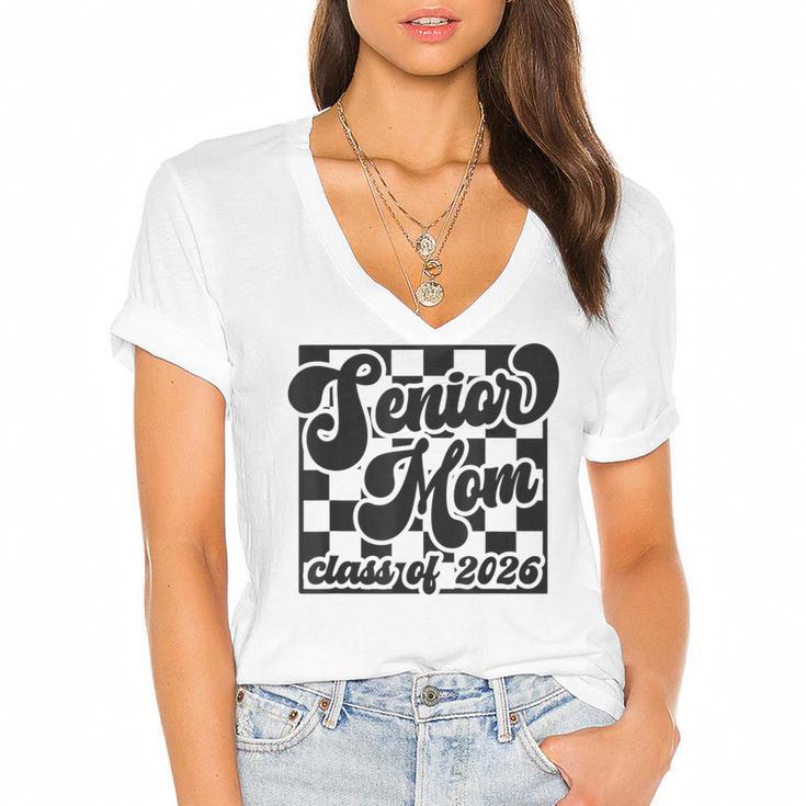 Women Senior Mom Class Of 2026 Retro Graduation Senior Mama Women's Jersey Short Sleeve Deep V-Neck Tshirt				