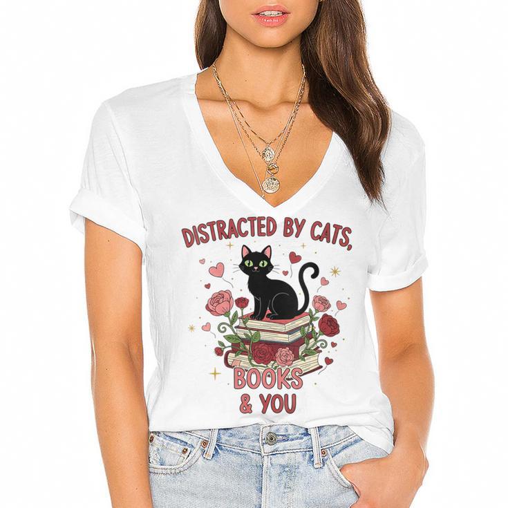 Women's Cat Books Romantic Floral Aesthetic Book Lover Cat Owner Women's Jersey Short Sleeve Deep V-Neck Tshirt