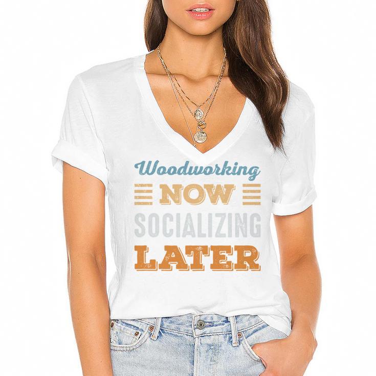 Woodworking Now Minimal Socializing Introvert Vintage Women's Jersey Short Sleeve Deep V-Neck Tshirt