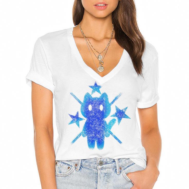 Yk2 Grunge Earthy Blue Cat With Stars Tomboy 90s Nostalgia Premium Tri-Blend Women's Jersey Short Sleeve Deep V-Neck Tshirt Yk2 Grunge Earthy Blue Cat With Stars Tomboy 90s Nostalgia Premium Tri-Blend Women's Jersey Short Sleeve Deep V-Neck Tshirt