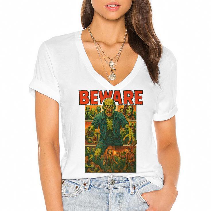 Zombie Tee Horror Movie Poster Vintage Comic Book Graphic Premium Women's Jersey Short Sleeve Deep V-Neck Tshirt