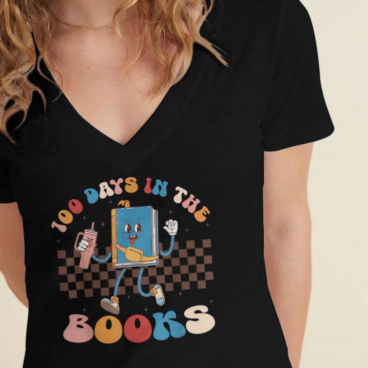 100 Days In The Books Celebration Retro School Women's Jersey Short Sleeve Deep V-Neck Tshirt