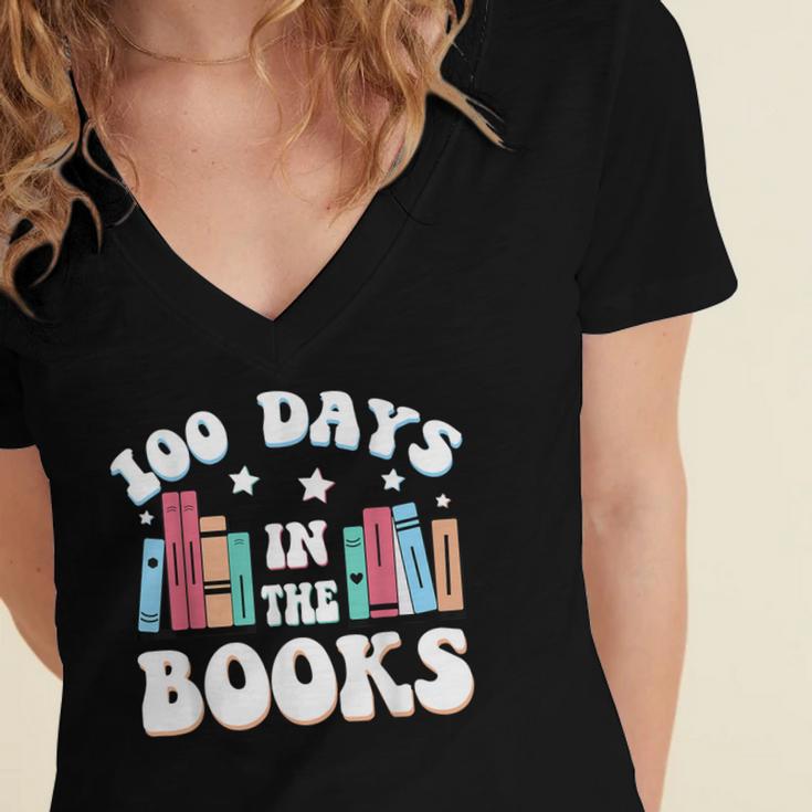 100 Days In The Books School Reading Celebration Women's Jersey Short Sleeve Deep V-Neck Tshirt