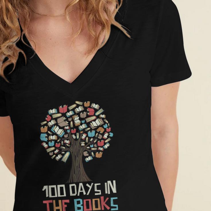 100 Days In The Books Tree Reading Teacher Student 100th Day Women's Jersey Short Sleeve Deep V-Neck Tshirt