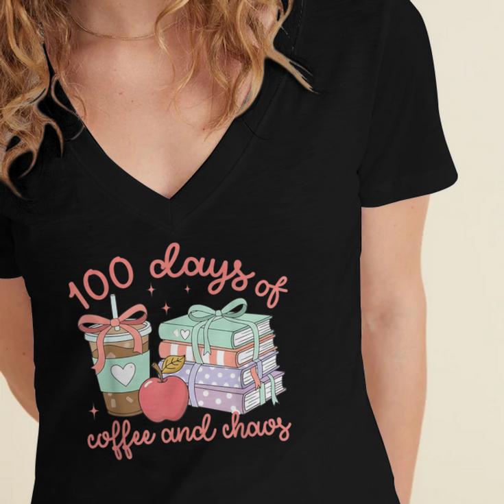 100 Days Of Coffee And Chaos Coquette Bow Book Apple Women's Jersey Short Sleeve Deep V-Neck Tshirt 100 Days Of Coffee And Chaos Coquette Bow Book Apple Women's Jersey Short Sleeve Deep V-Neck Tshirt