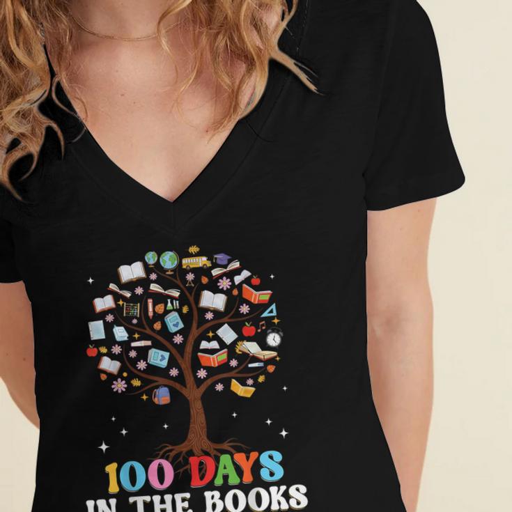 100 Days Of School 100th Day In The Books Reading Teacher Women's Jersey Short Sleeve Deep V-Neck Tshirt