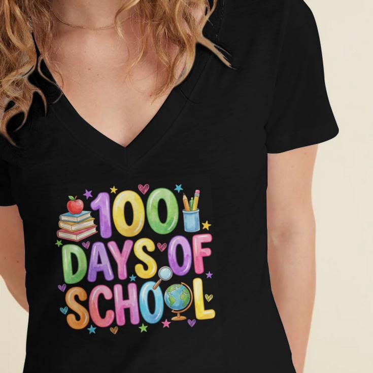 100 Days Of School Book Pencil Teachers Girls Kids 100th Day Women's Jersey Short Sleeve Deep V-Neck Tshirt 100 Days Of School Book Pencil Teachers Girls Kids 100th Day Women's Jersey Short Sleeve Deep V-Neck Tshirt
