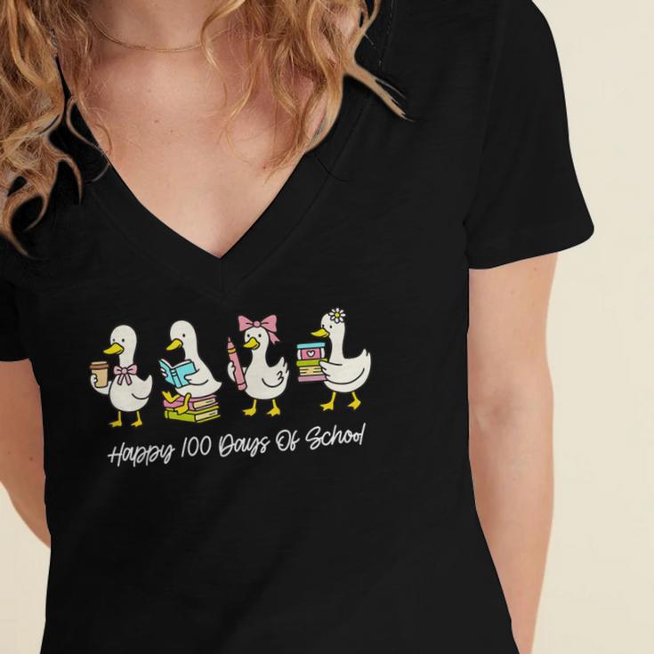 100 Days Of School Cute Goose Coffee Books Teacher Life Women's Jersey Short Sleeve Deep V-Neck Tshirt