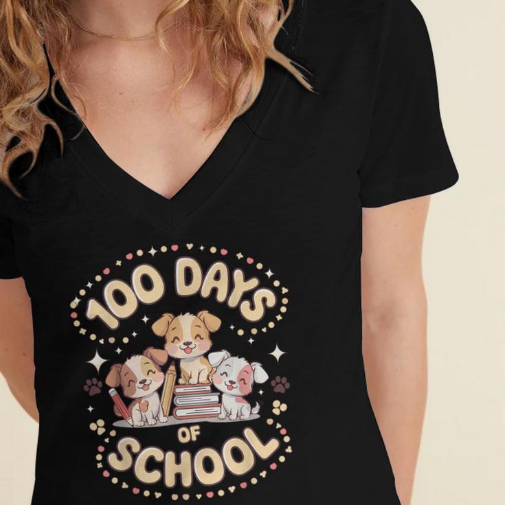100 Days Of School Cute Puppies And Books Women's Jersey Short Sleeve Deep V-Neck Tshirt