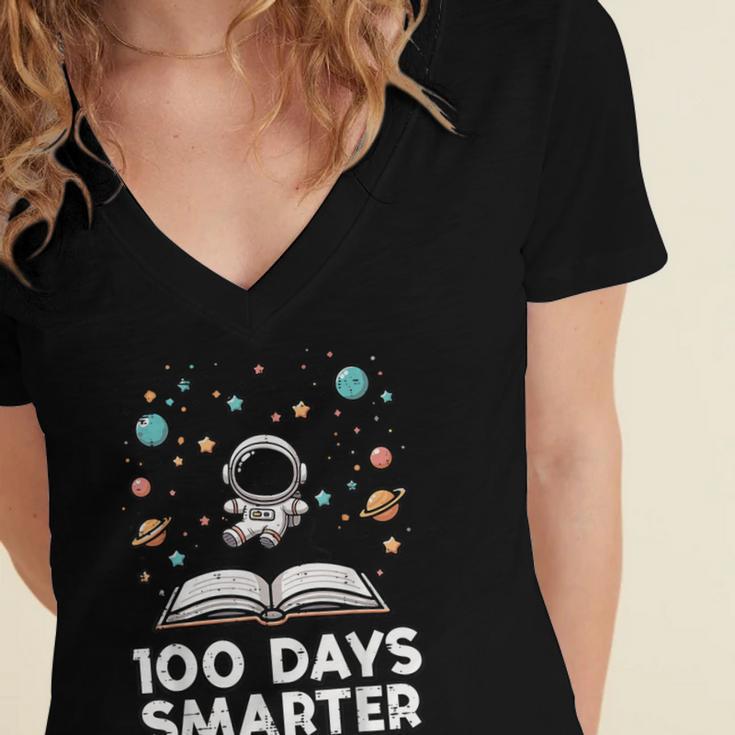 100 Days Smarter Astronaut Book 100th Day Girls Kids Women Women's Jersey Short Sleeve Deep V-Neck Tshirt