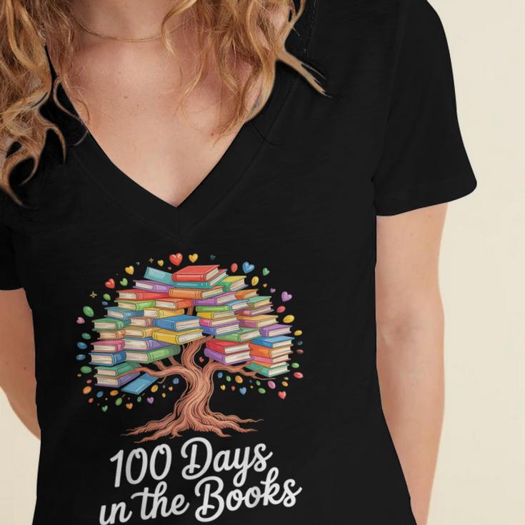 100th Day Of School Books Tree Reading Women's Jersey Short Sleeve Deep V-Neck Tshirt