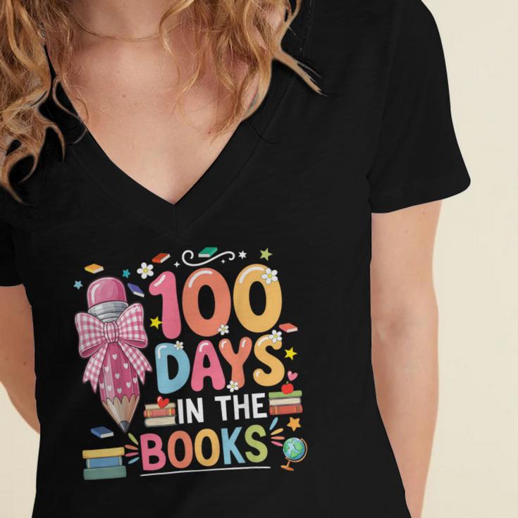 100th Day Of School Teacher Floral 100 Days In The Books Women's Jersey Short Sleeve Deep V-Neck Tshirt 100th Day Of School Teacher Floral 100 Days In The Books Women's Jersey Short Sleeve Deep V-Neck Tshirt