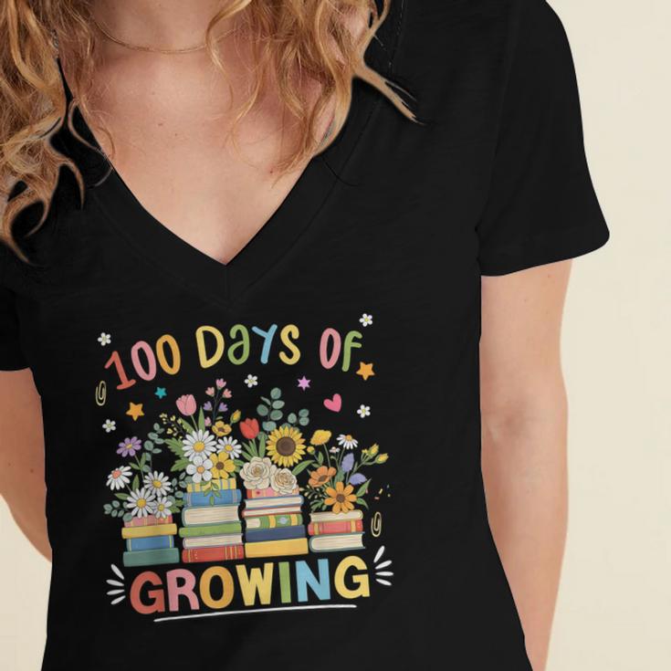 100th Day Of School Teacher Floral Books 100 Days Of Growing Women's Jersey Short Sleeve Deep V-Neck Tshirt 100th Day Of School Teacher Floral Books 100 Days Of Growing Women's Jersey Short Sleeve Deep V-Neck Tshirt