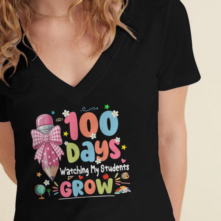 100th Day Of School Teacher Women Floral Books Women's Jersey Short Sleeve Deep V-Neck Tshirt