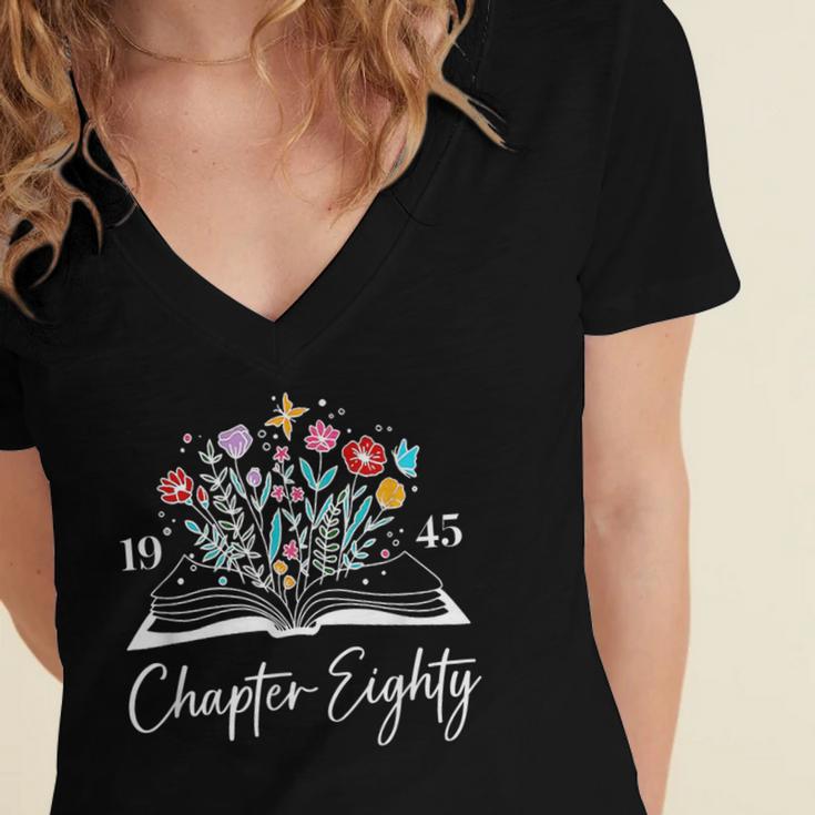 1945 Chapter Eighty 80th Birthday Books Themed 80 Year Old Women's Jersey Short Sleeve Deep V-Neck Tshirt