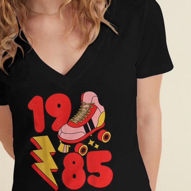 1985 Retro Roller Skate Vintage 80s Nostalgia Collector Women's Jersey Short Sleeve Deep V-Neck Tshirt 1985 Retro Roller Skate Vintage 80s Nostalgia Collector Women's Jersey Short Sleeve Deep V-Neck Tshirt