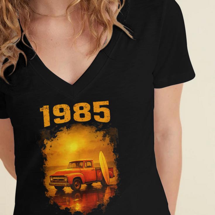 1985 Vintage Sunset Surf Truck Retro Beach Nostalgia Women's Jersey Short Sleeve Deep V-Neck Tshirt