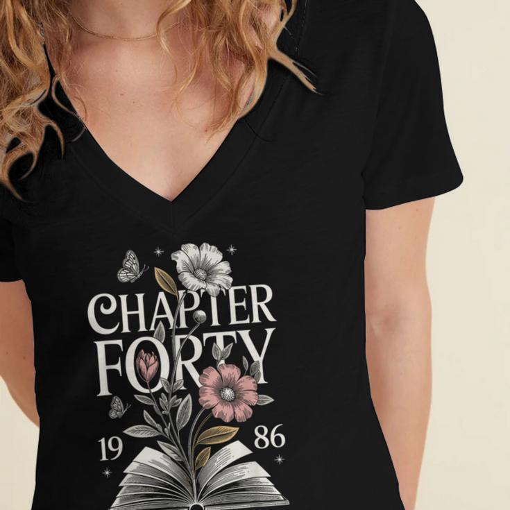 1986 Chapter Forty 40th Birthday Wildflower Book 40 Year Old Women's Jersey Short Sleeve Deep V-Neck Tshirt