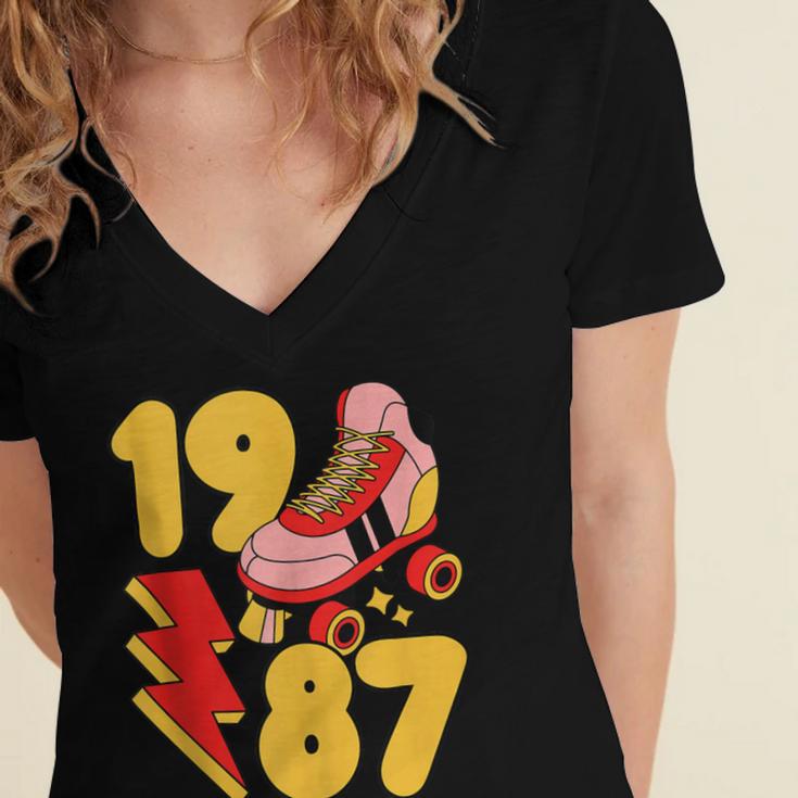1987 Retro Roller Skate Vintage 80s Nostalgia Collector Women's Jersey Short Sleeve Deep V-Neck Tshirt