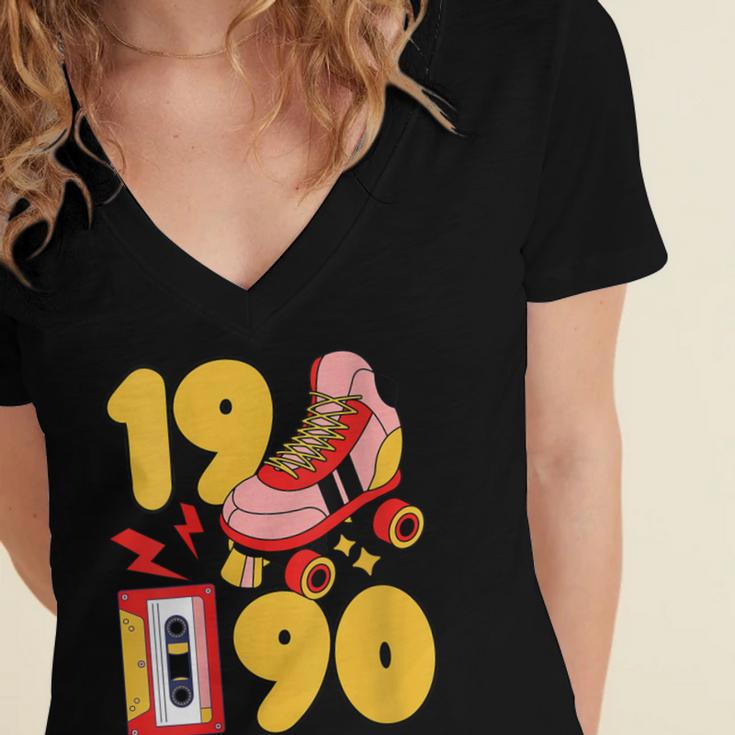 1990 Retro Raised On 90s Music Old School Nostalgia Punk Women's Jersey Short Sleeve Deep V-Neck Tshirt 1990 Retro Raised On 90s Music Old School Nostalgia Punk Women's Jersey Short Sleeve Deep V-Neck Tshirt