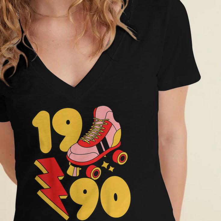 1990 Retro Roller Skate Vintage 90s Nostalgia Collector Women's Jersey Short Sleeve Deep V-Neck Tshirt