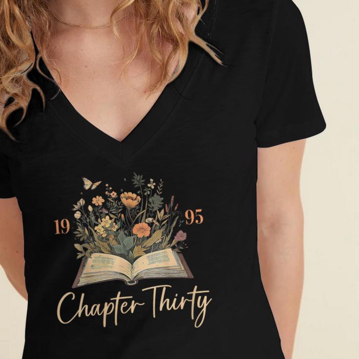 1995 Chapter Thirty 30th Birthday Wildflower Book 30 Yrs Old Women's Jersey Short Sleeve Deep V-Neck Tshirt 1995 Chapter Thirty 30th Birthday Wildflower Book 30 Yrs Old Women's Jersey Short Sleeve Deep V-Neck Tshirt